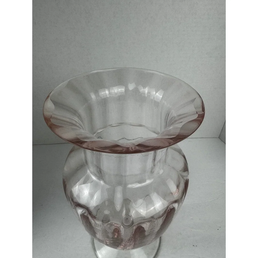 Vintage Tiffin Style Pink Ribbed Glass Vase Flared Rim Pedestal Base Optic Glass